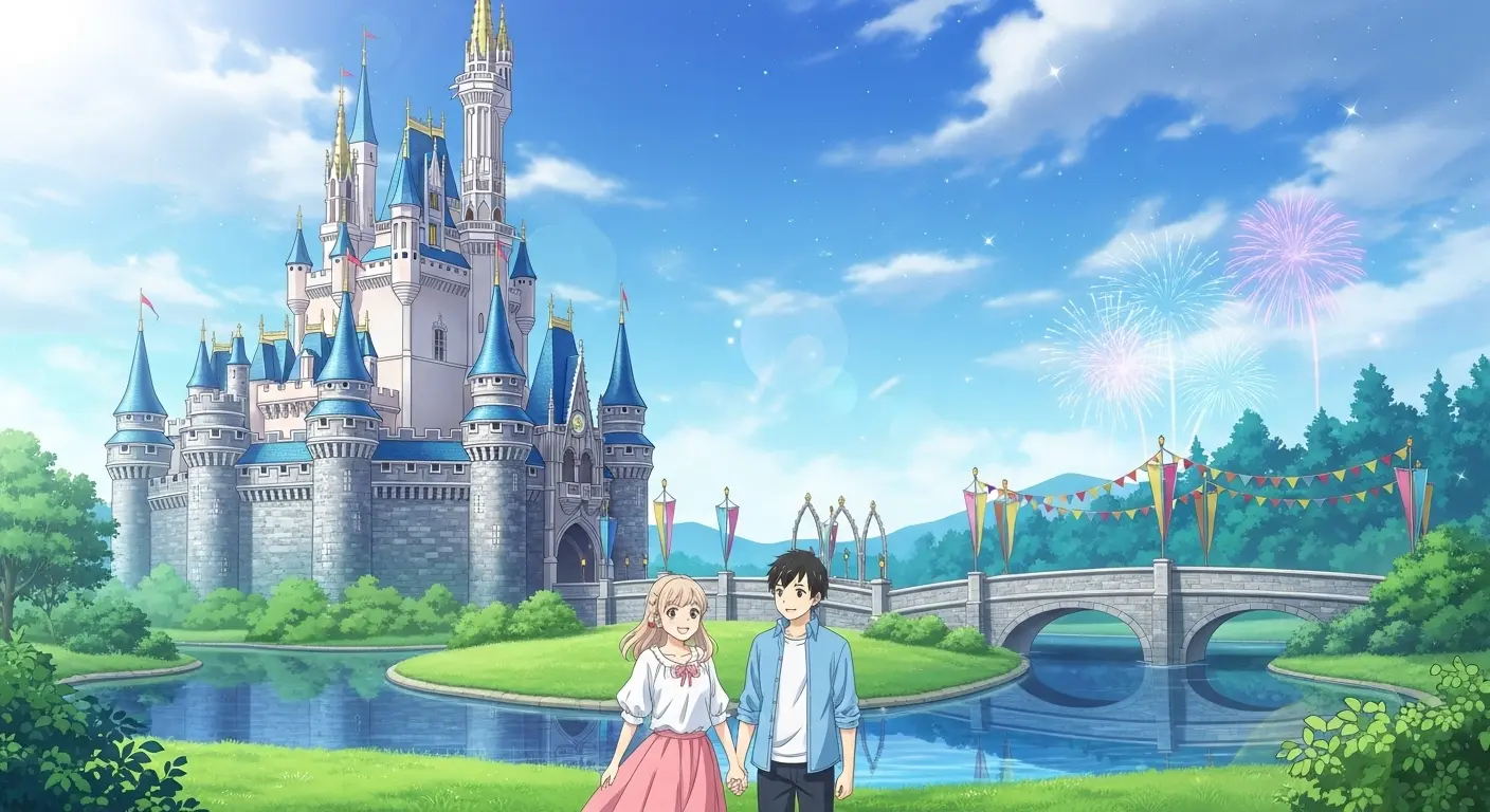 ディズニーランドでデートを楽しむカップル