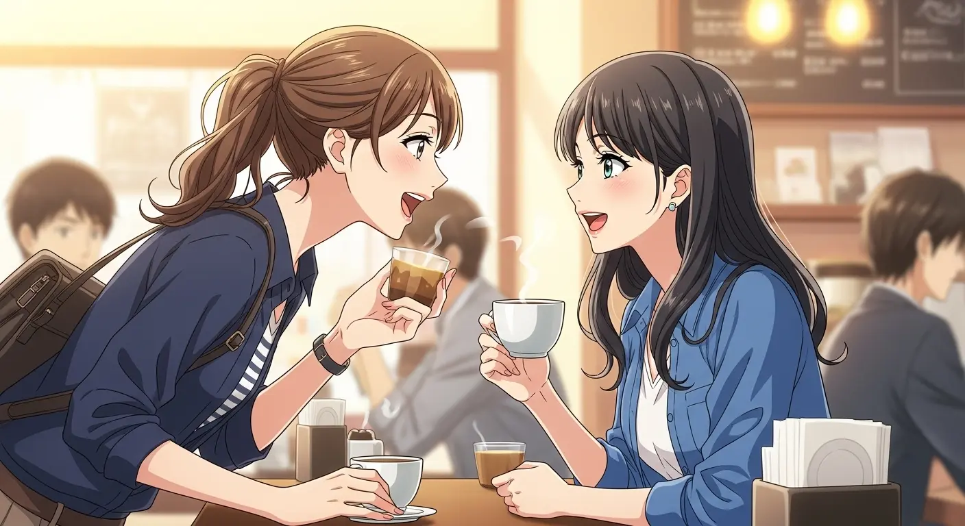 友人と楽しそうに会話する女性たち。共通の知人との関係。