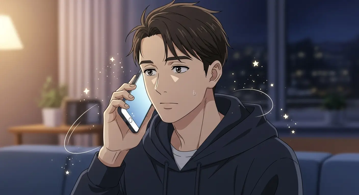 付き合う前に毎日電話する男性が、電話中に相手の女性について考えている様子。