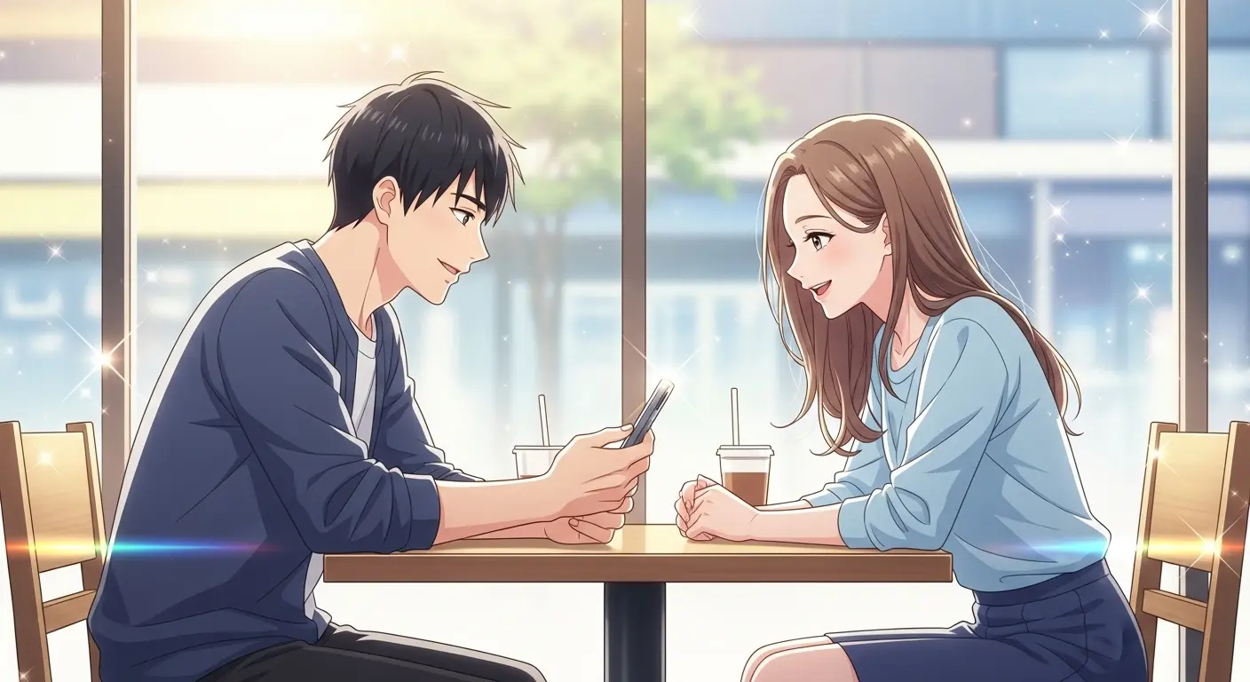 初デートに誘うLINE画面を見ている男女