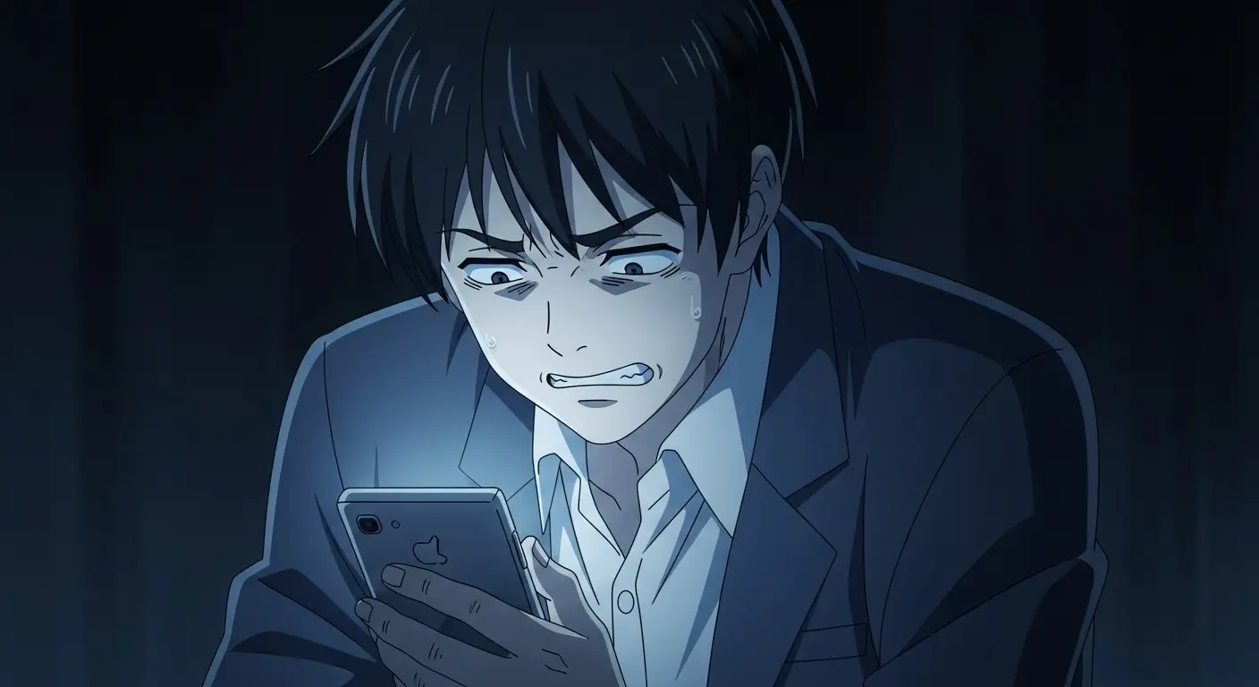 LINEの返信を待ちわびて不安そうな男性。