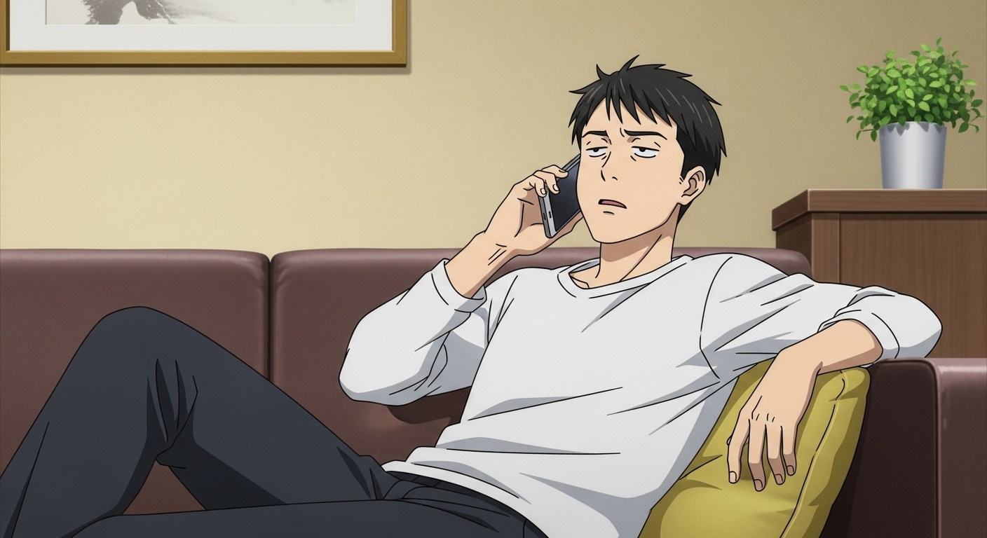 退屈そうに電話をしている男性。