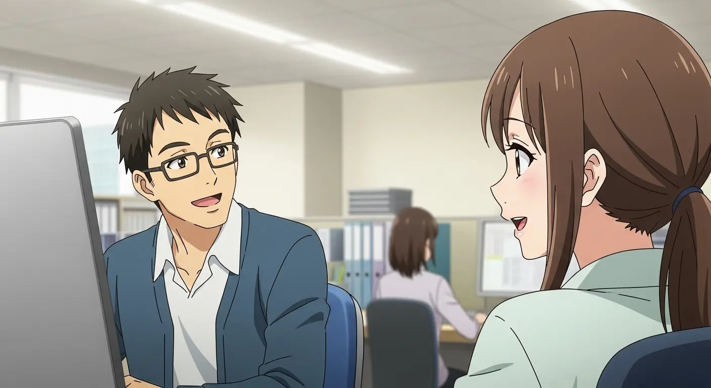 職場で和やかに会話する男女。