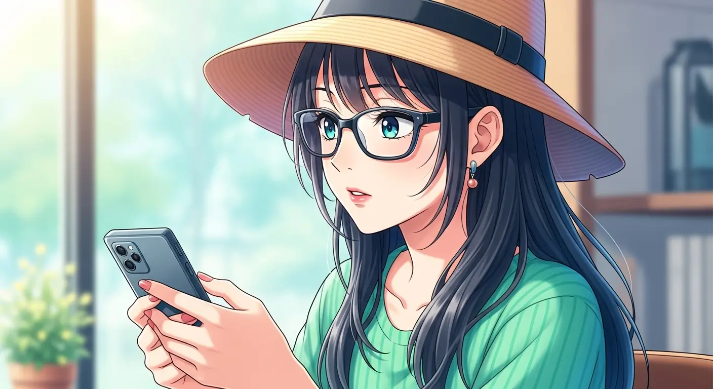 デート後のLINEでスマホを手に考え込む女性。返信のタイミングに悩む様子。