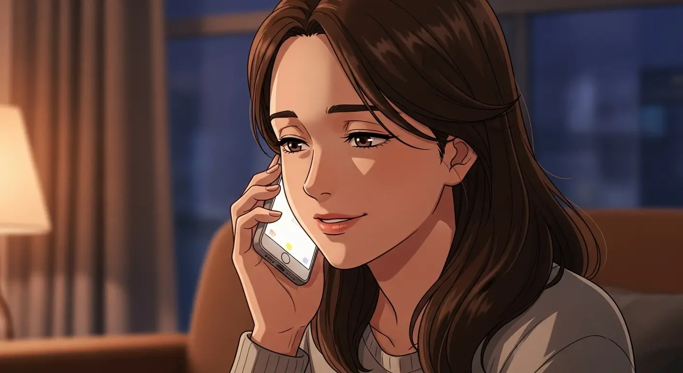 付き合う前に毎日電話をかける女性が、電話中に考え事をしている様子。