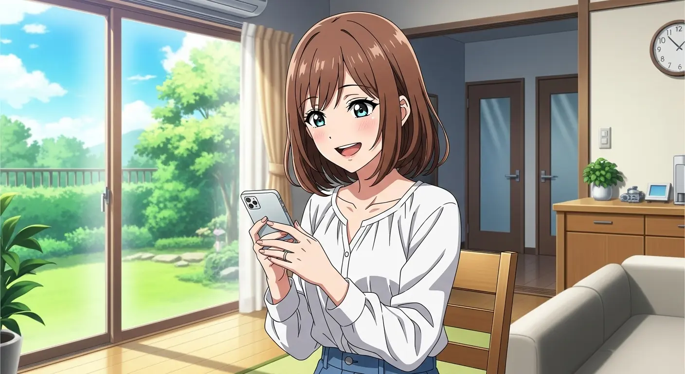 電話で楽しそうに話す女性。