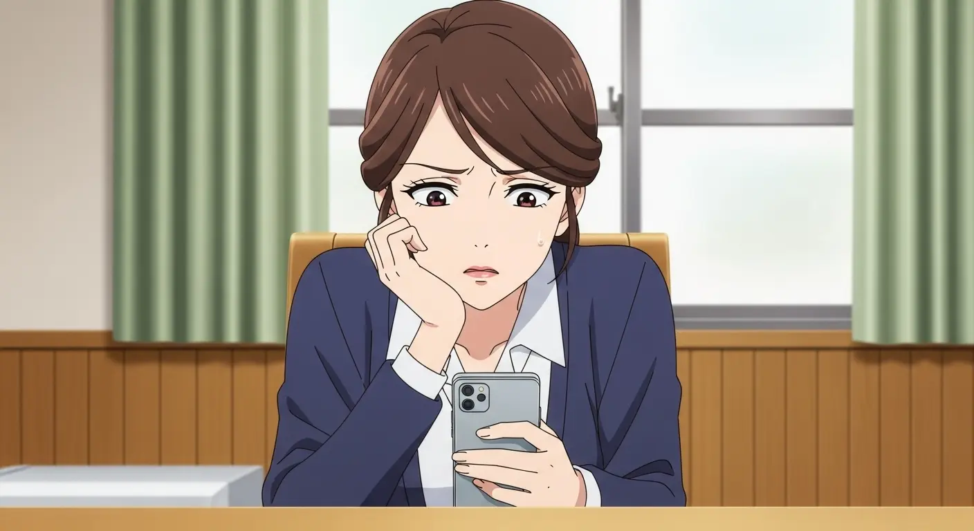 スマートフォンを見つめ、返信をためらっている様子の女性。