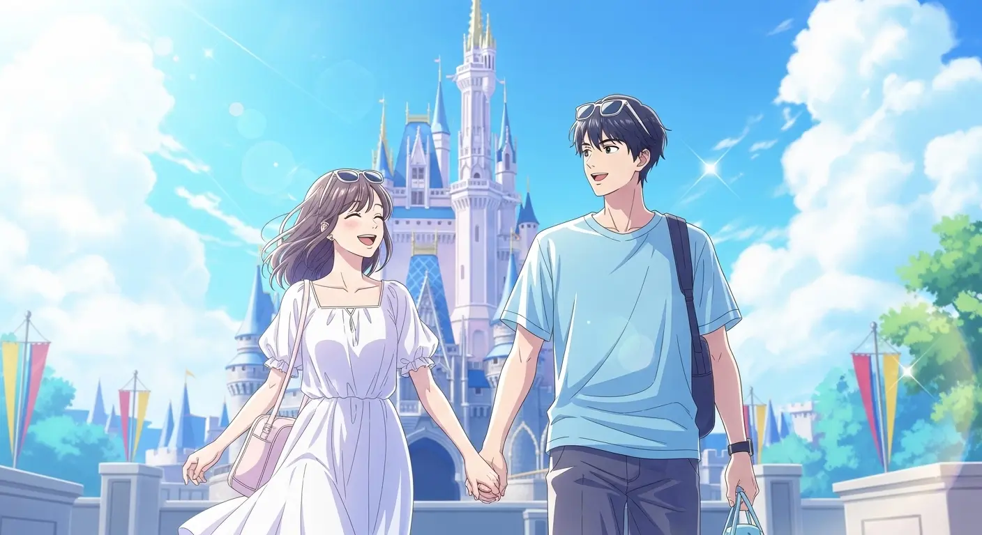 夏のディズニーデートを楽しむカップル