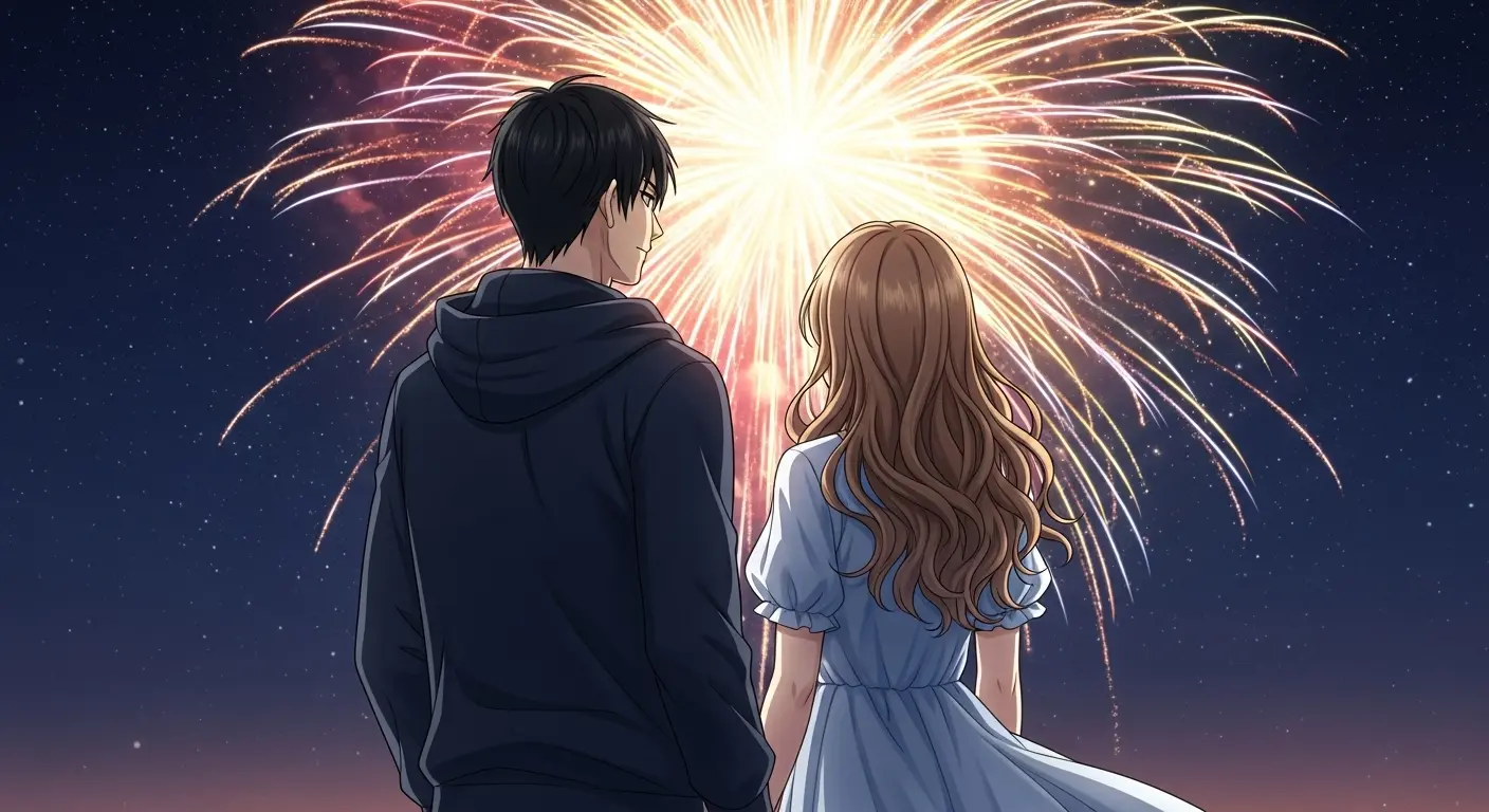 花火を見ながら親密に会話する男女