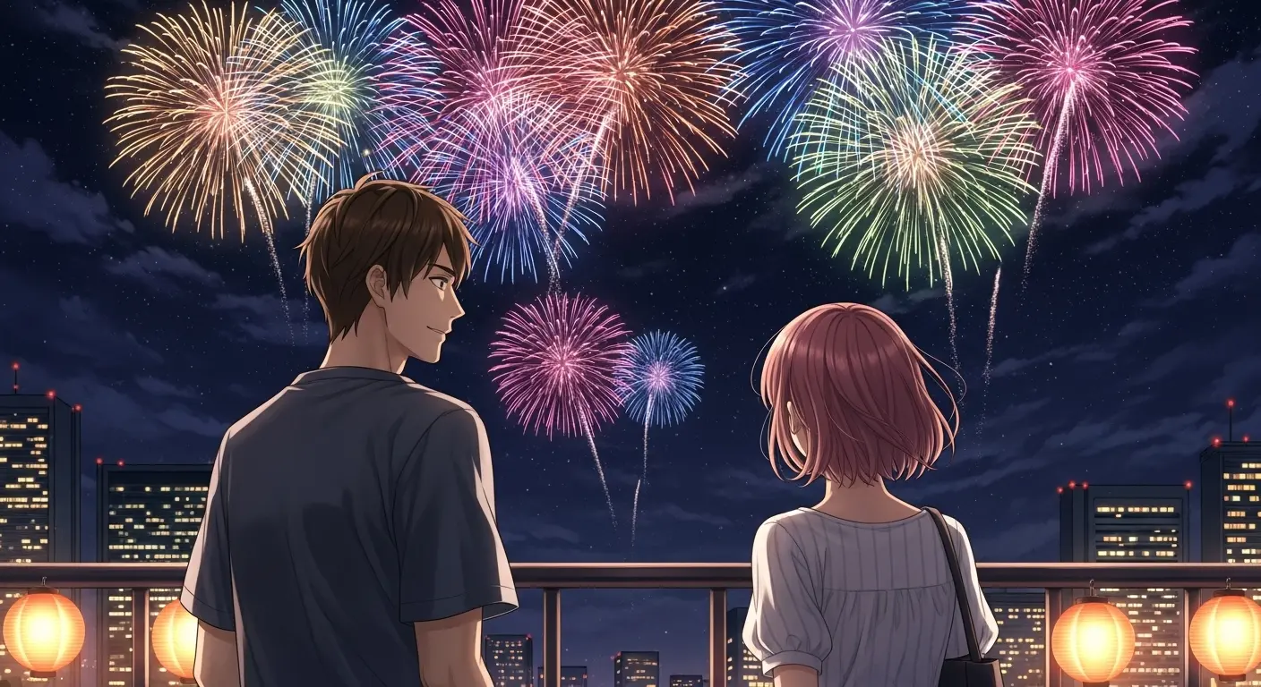 花火大会デートで花火を見上げる付き合う前の男女