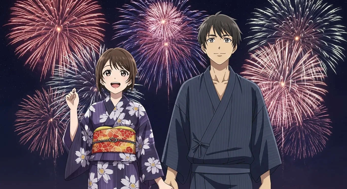 花火大会で浴衣と甚平を着たカップル