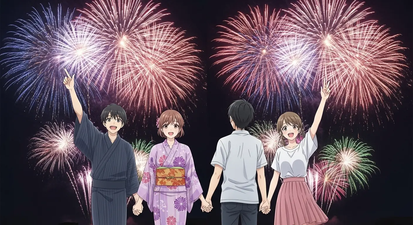 花火大会デートを楽しむ浴衣と私服のカップル