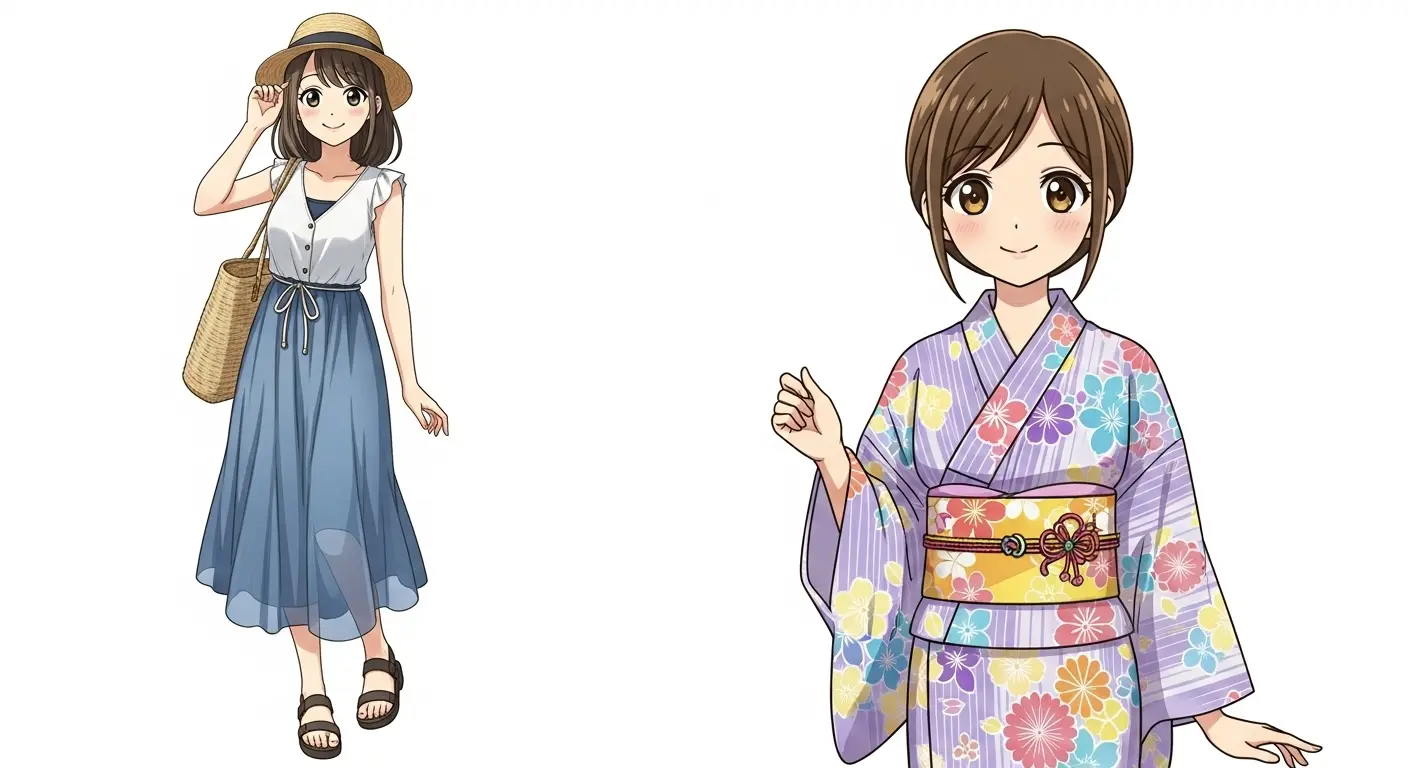 花火大会デートの服装を選ぶ女性
