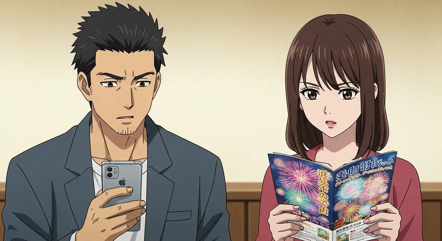 花火大会の穴場スポットを調べる男女