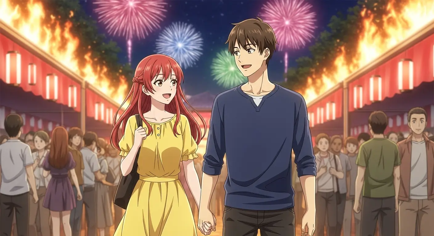 花火大会の混雑で動きやすい服装のカップル