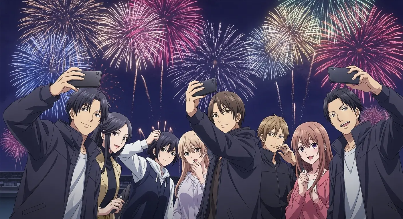 花火大会で自撮りするカップル