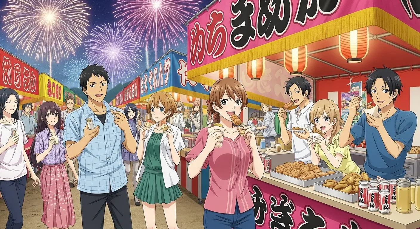 私服で花火大会を楽しむカップル