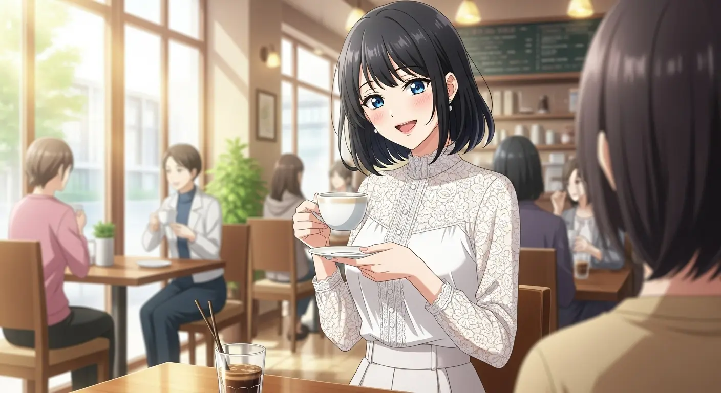 ブラウスとワイドパンツの女性
