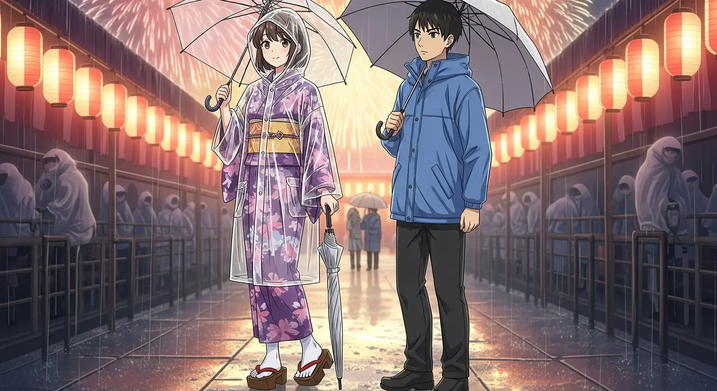 雨の花火大会デートの服装