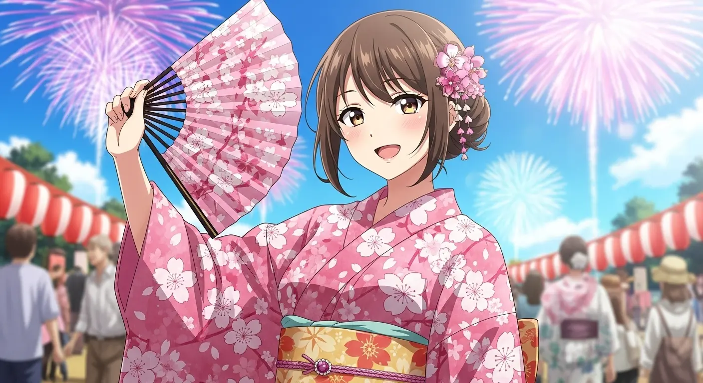 ピンクの可愛らしい浴衣を着た女性