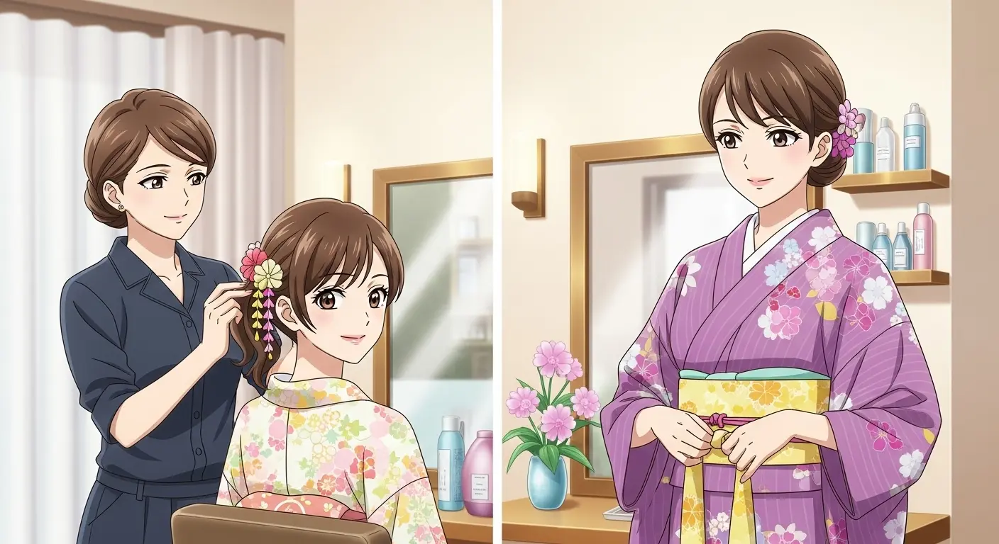 浴衣の着付けとヘアセットをする女性
