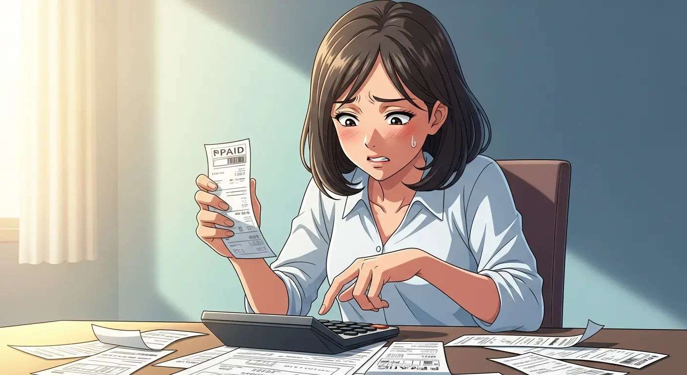 複数の請求書を見て疲れた様子の女性