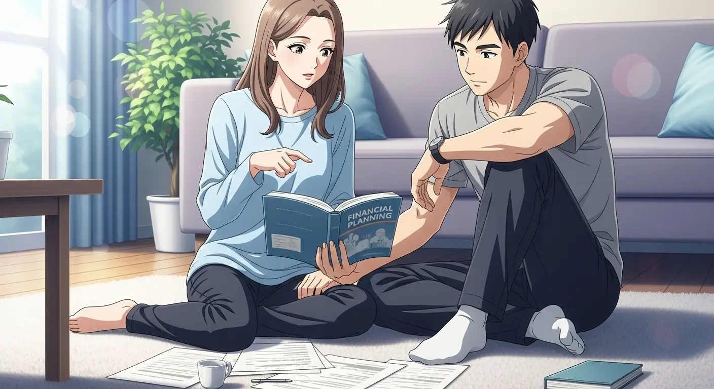 二人で家計の計画を立てるカップル