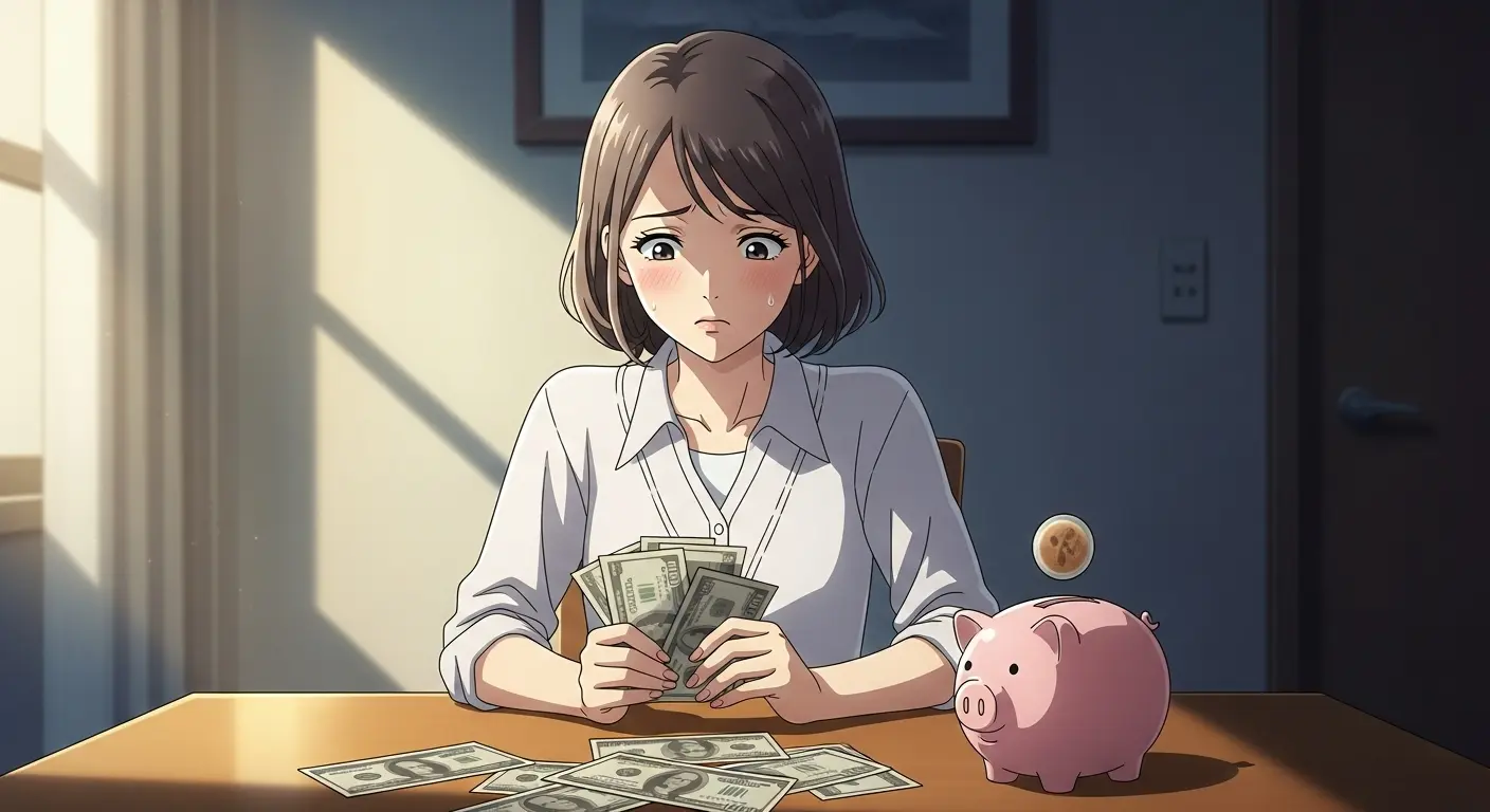 家計簿と貯金箱を見て心配そうな表情の女性