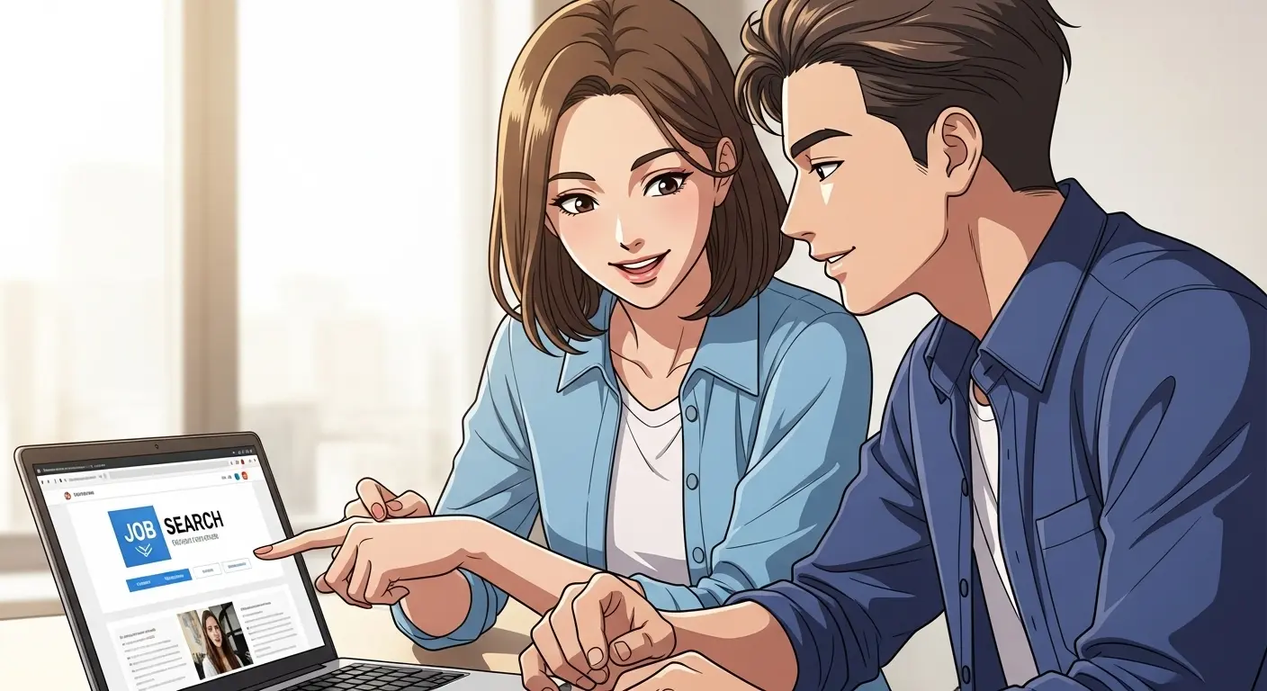 彼氏と一緒に就職活動の求人を探す彼女