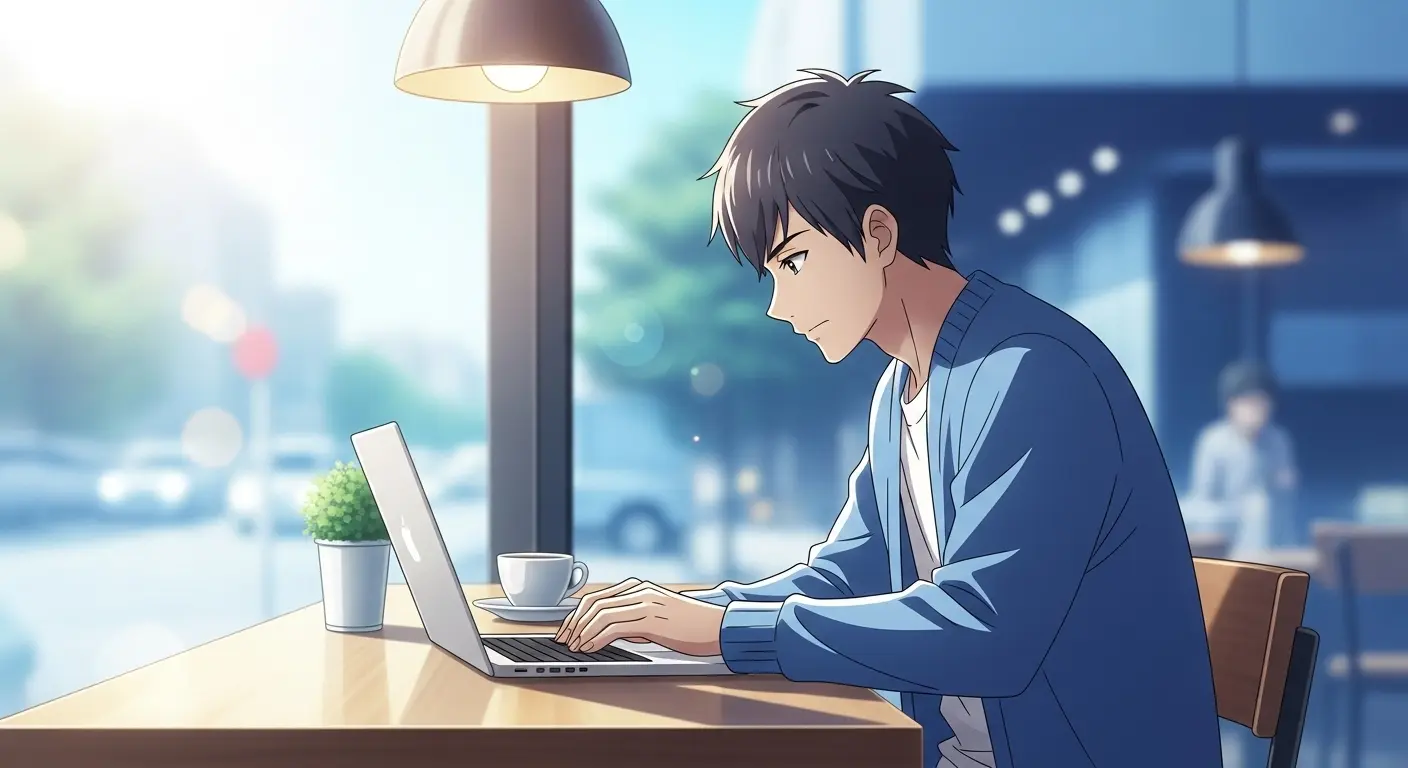 カフェで仕事をするフリーランスの男性
