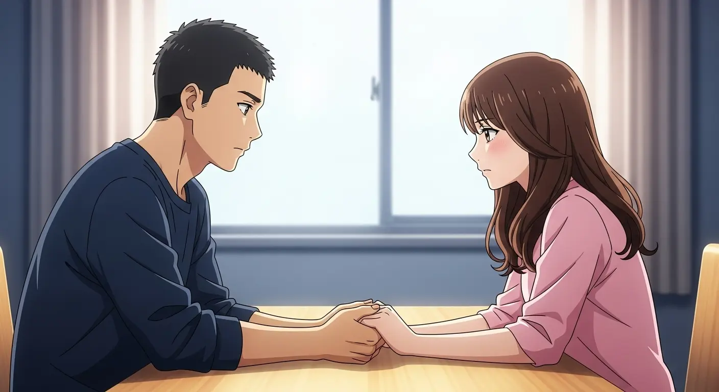 テーブルを挟んで真剣に話し合う男女