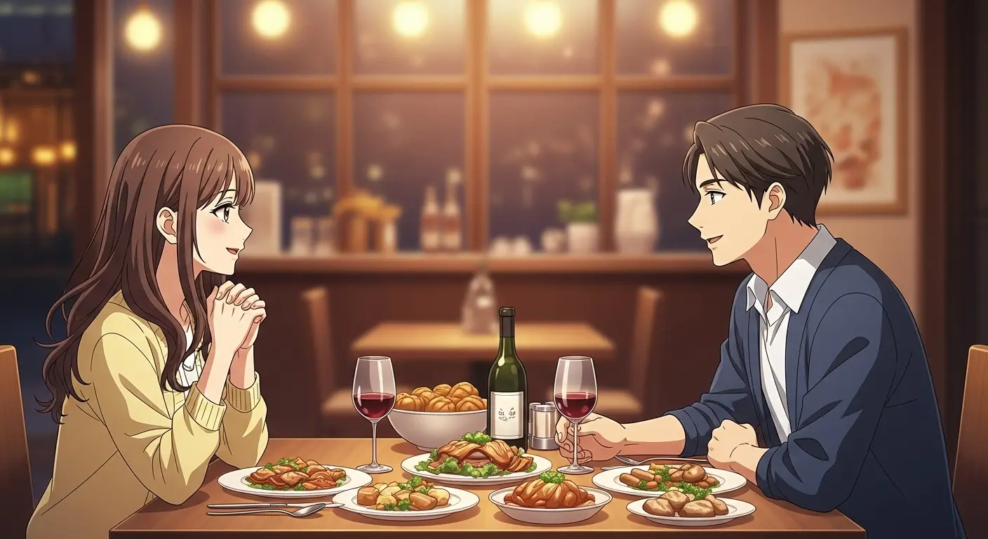 夕食中に会話を楽しむカップル