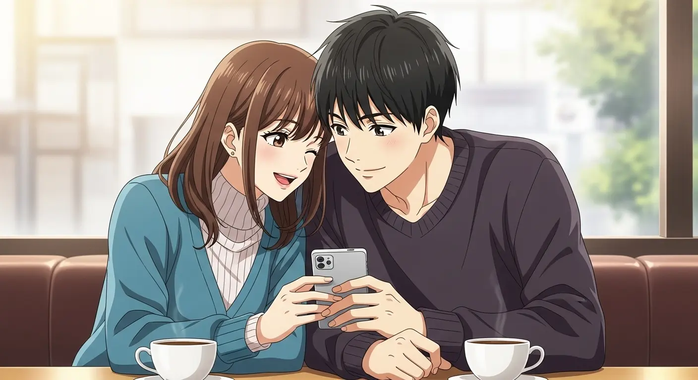 スマートフォンで会話を楽しむカップル