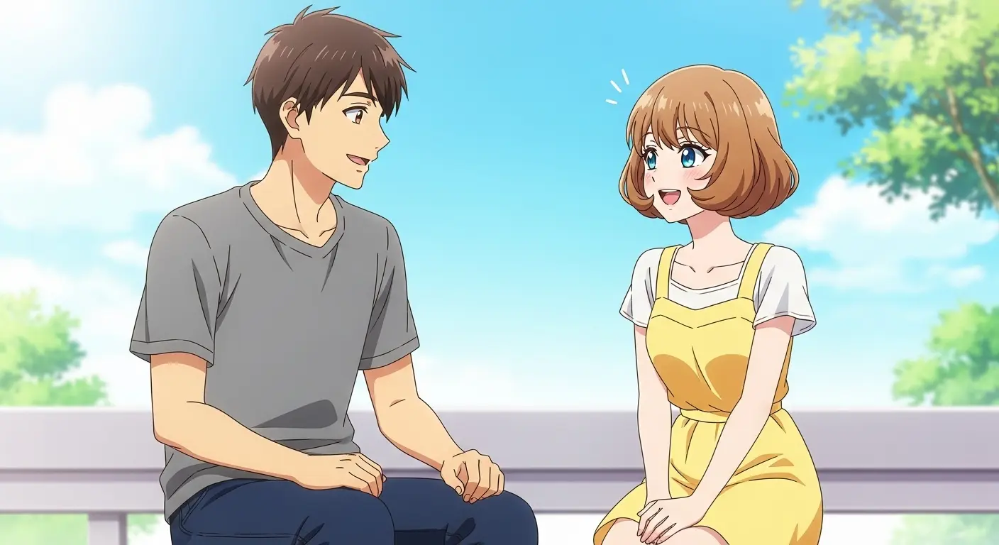 向かい合って笑顔で会話する男女