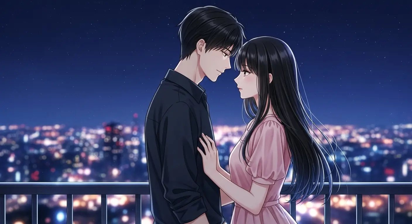 夜景を背景に寄り添う男女