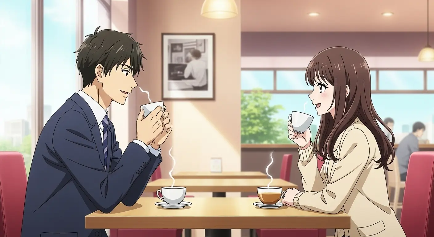 カフェで会話を楽しむ男女。