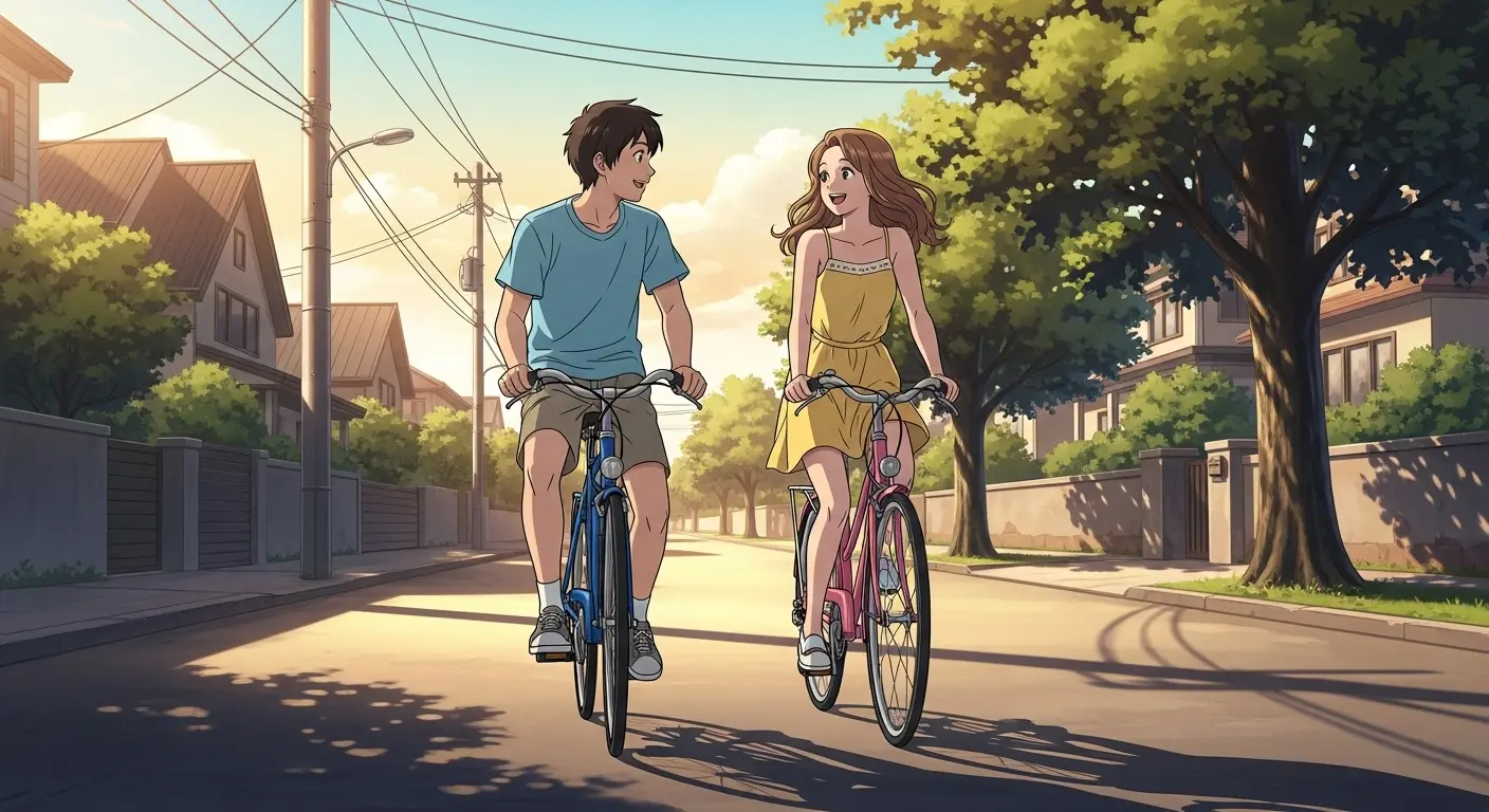 自転車で出かける中学生のカップル