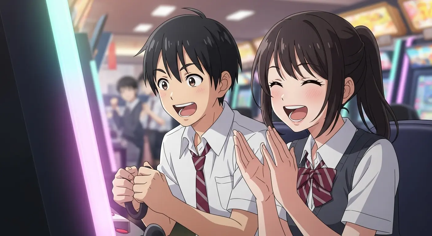 ゲームセンターで遊ぶ中学生のカップル