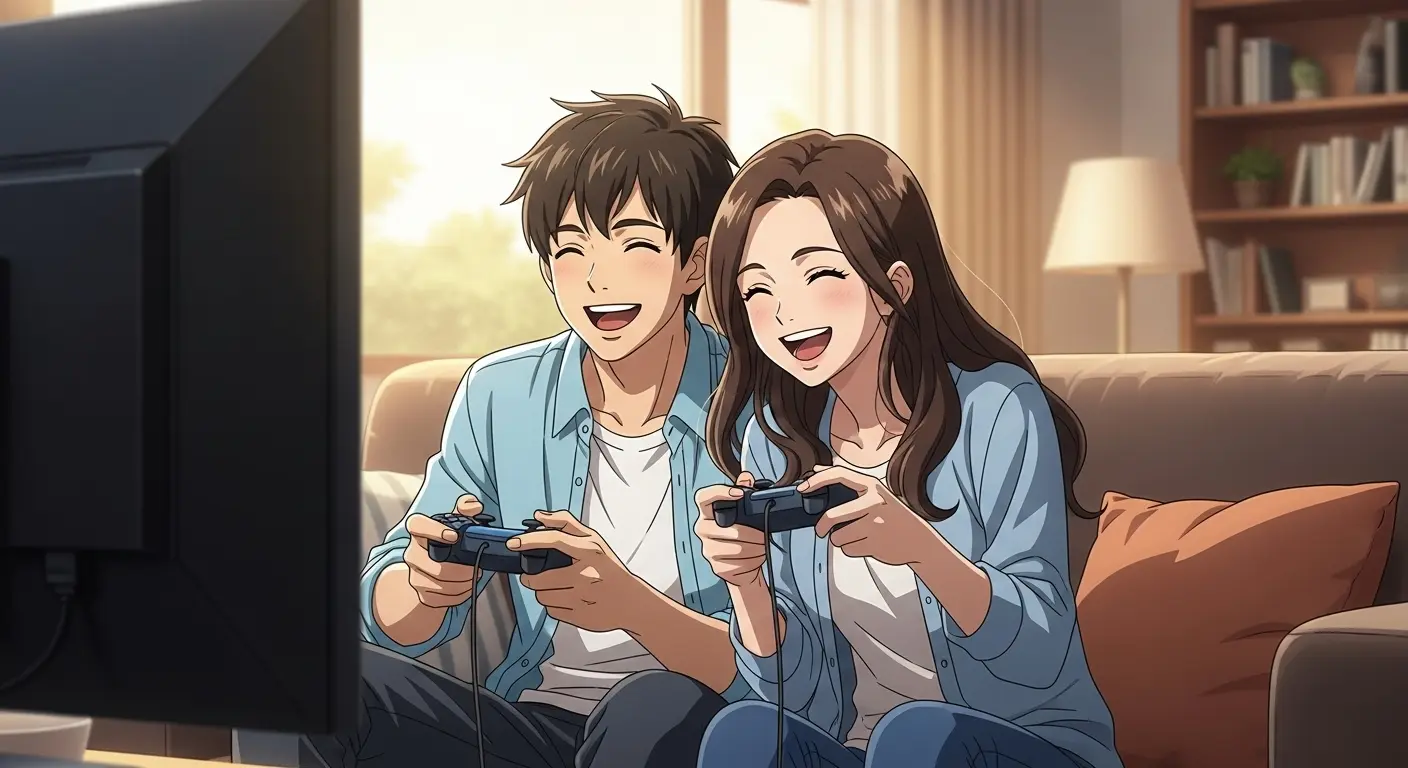 一緒にゲームを楽しむ中学生のカップル