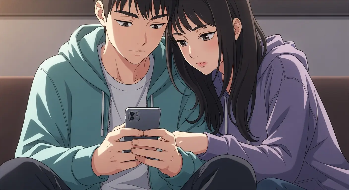 中学生のカップルが一緒にスマホを見ている様子