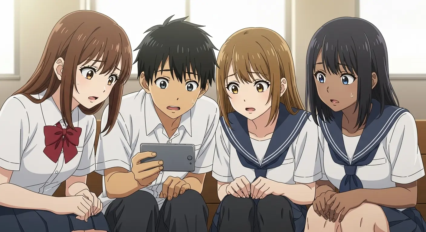 SNSを見ている中学生のグループ