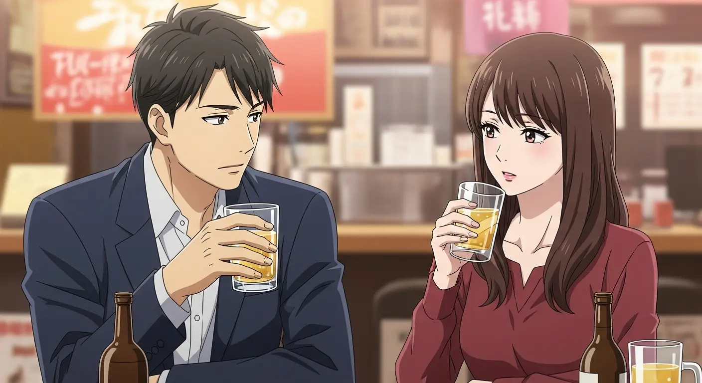 居酒屋で飲みすぎずに会話を楽しむ男女。