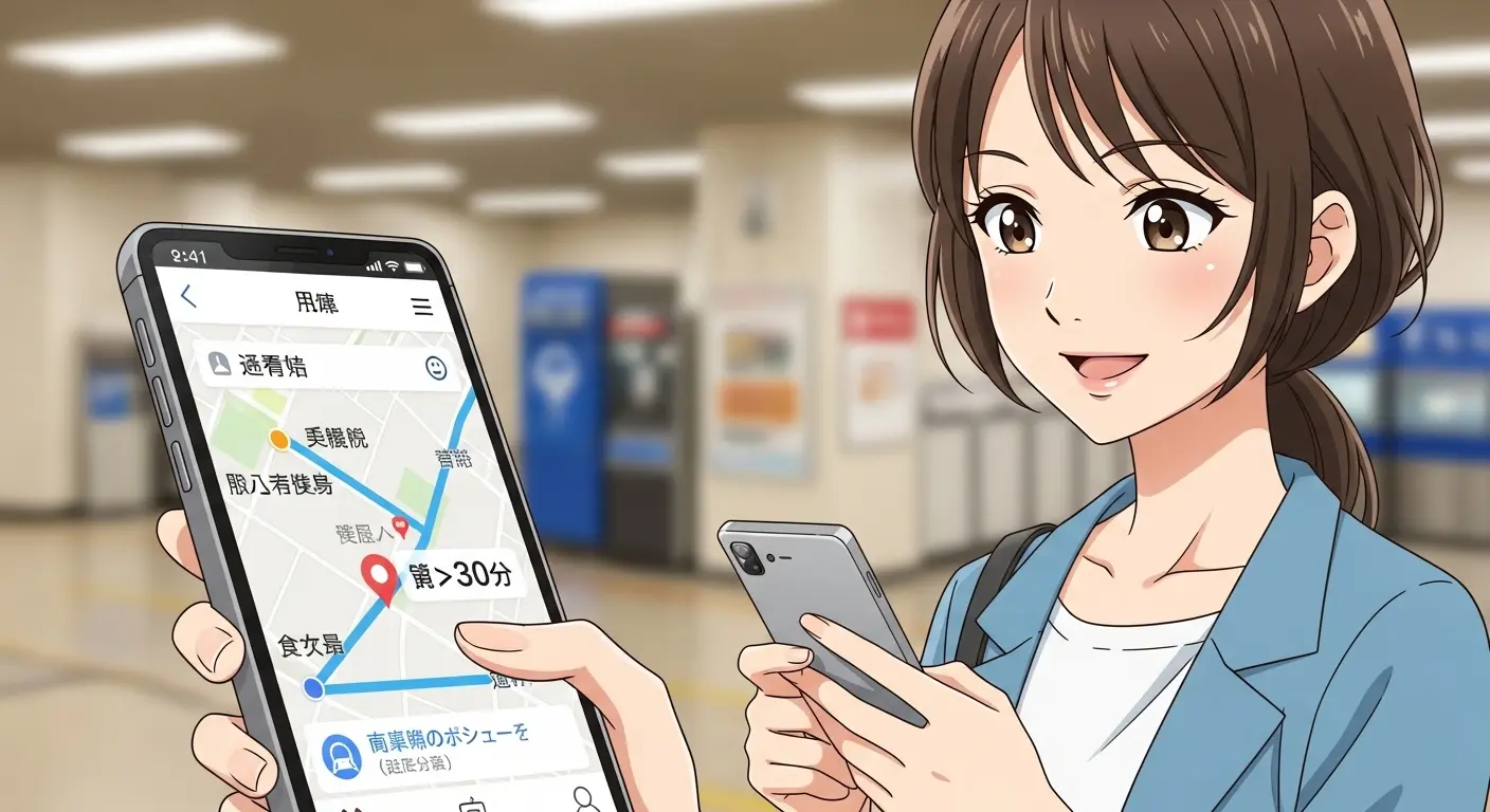 目的地まで30分以内の移動時間を確認し、安心する女性