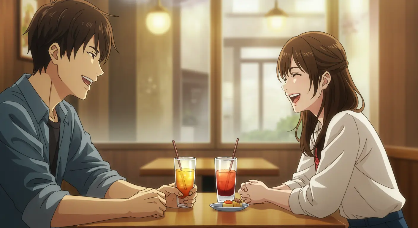 カフェで楽しそうに会話する男女