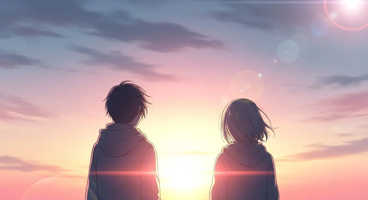 夕焼けを見つめる二人のシルエット