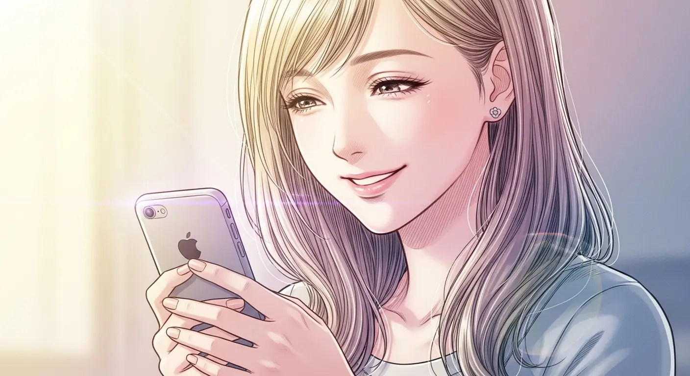 メッセージを受け取って微笑む女性