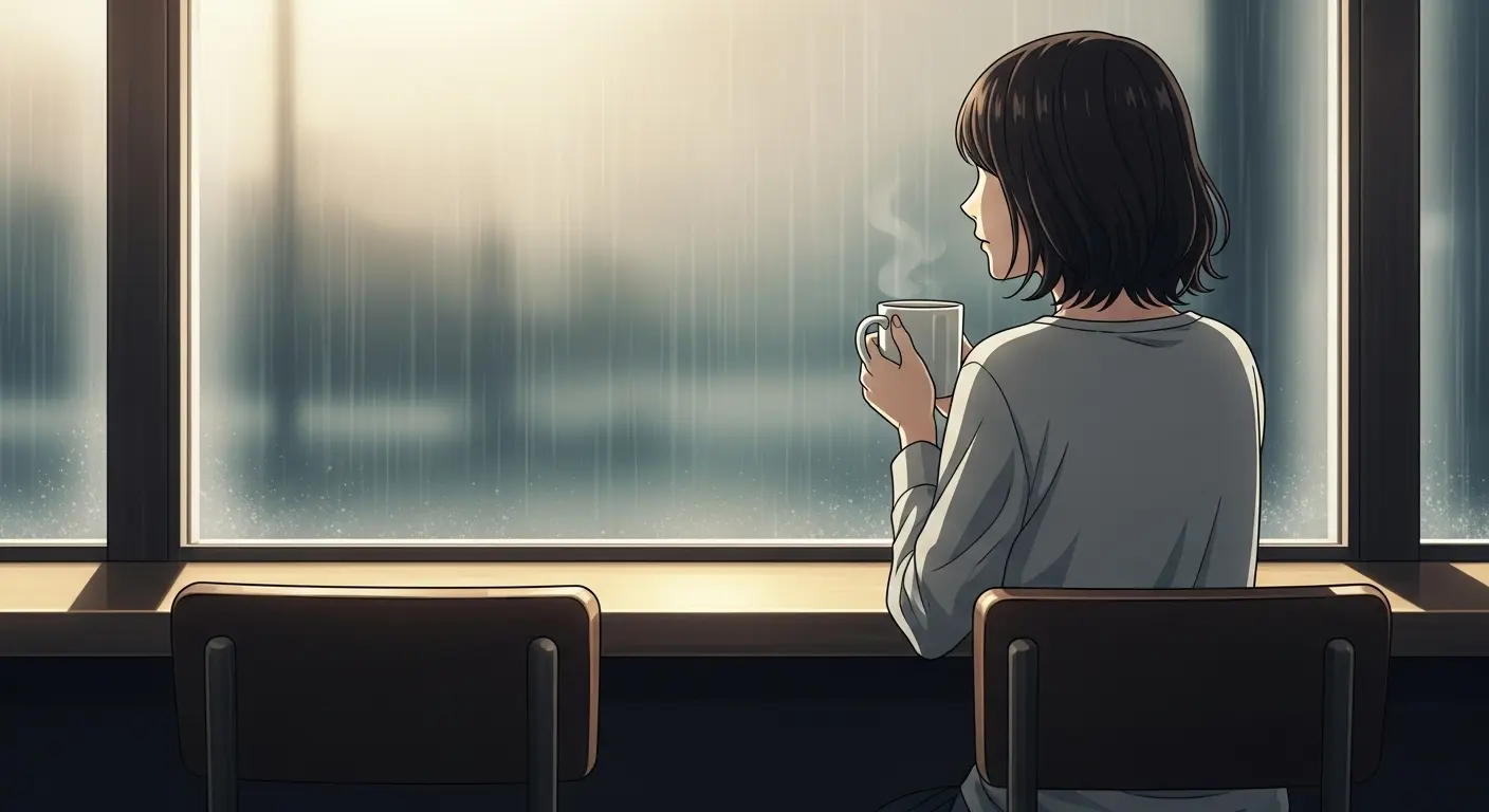 カフェで物憂げに窓の外を見る女性の後ろ姿