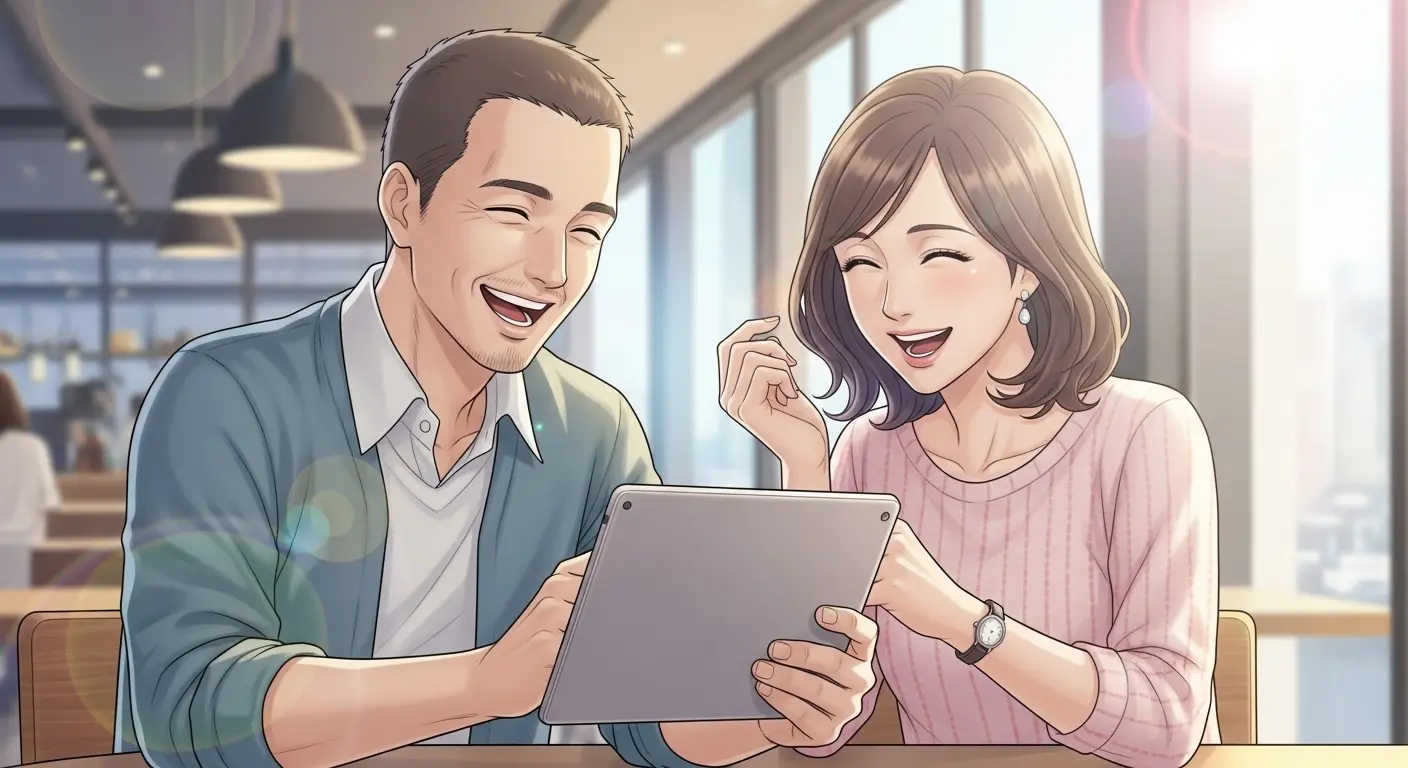 40代の男女がカフェで会話を楽しんでいる様子