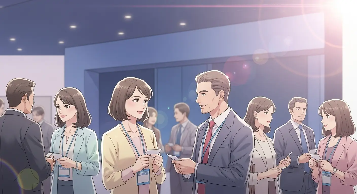異業種交流会で40代の男女が名刺交換をしている様子