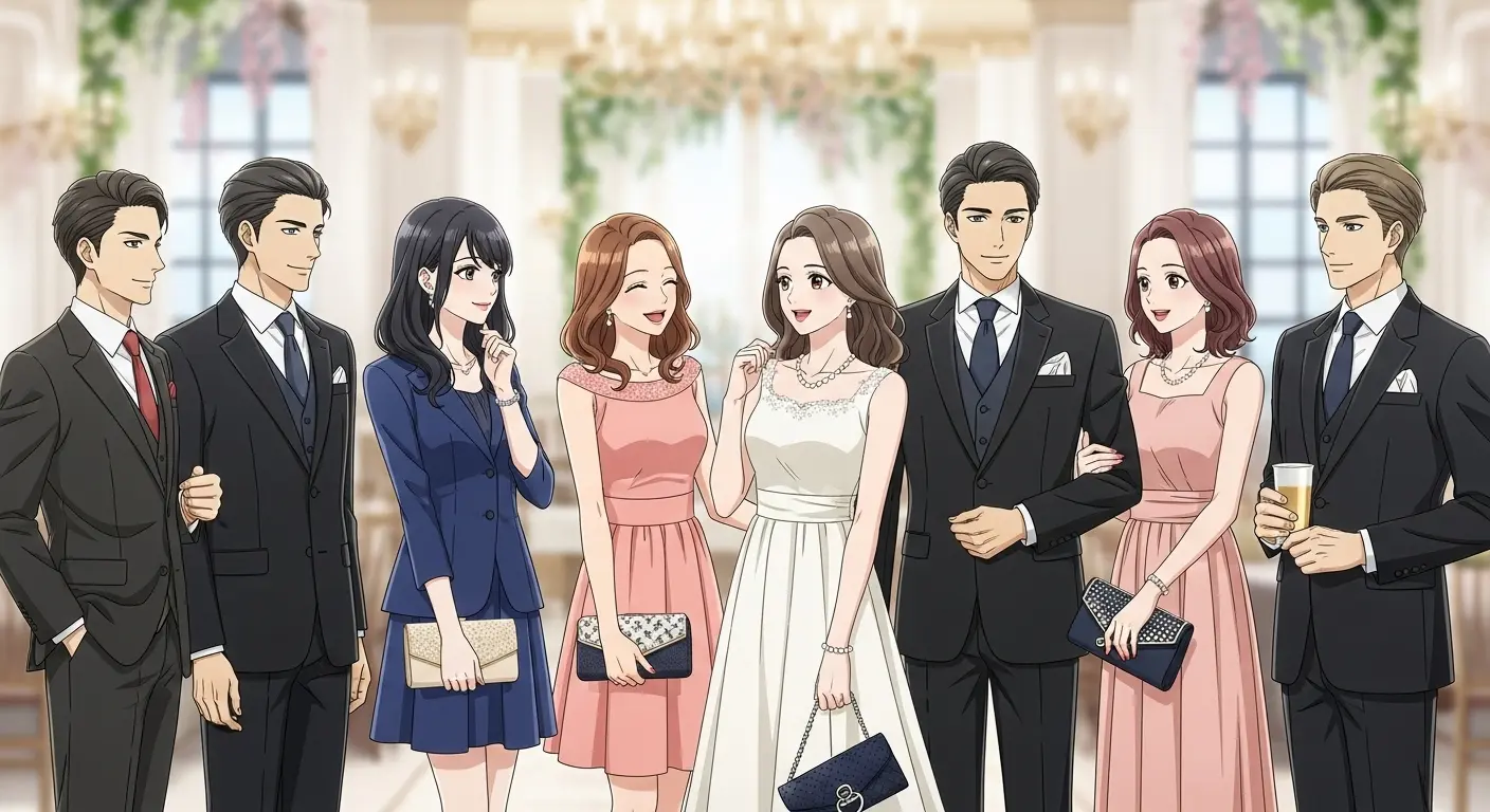 結婚式二次会の会場で談笑する男女ゲストの服装